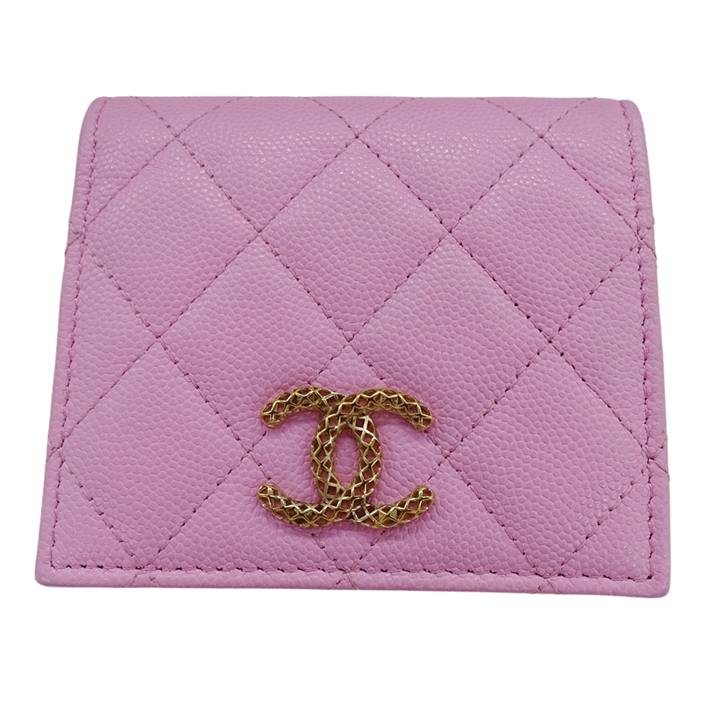 CHANEL Authentic Pink Caviar Leather Logo Wallet